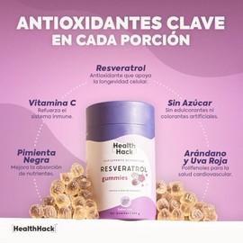Resveratrol Antioxidante 180 Gomitas para Adulto Sin Azúcar Health Hack