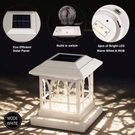 AEFRELEOHT Solar Post Cap Lights, Warm White & RGB Automatic Cycling, Cracked Glass Bulb, 20 Lumens lP65 Waterproof Fit 3.6x3.6 4x4 4.5x4.5 5x5 Wood Fence Post Solar Powered Lights White (1 Pack)