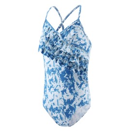 Moon Tree Big Girls One Piece Swimsuits Tie Dye Bathing Suit for Kids Hawaiian Ruffle Swimwear Blue Size 10/8-10 Years