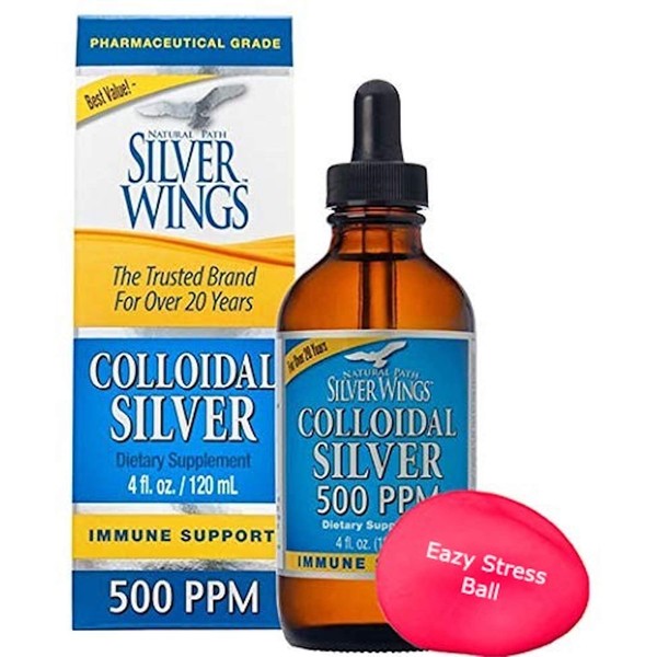 Natural Path Silver Wings - Colloidal Silver 500 ppm - Pure Mineral Supplement - Immune Support for Your Family - Powerful Healing Without a Bad Taste (4fl oz/120ml) Bonus Stress Ball
