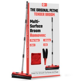 Petme Tender Hybrid Dog Pet Hair Removal Broom with Squeegee – Adjustable Handle Rubber Broom for Pet Hair on Carpet, Hardwood Floors, Tile, & Liquid-Dirt with 2 Portable Hair Brushes & Cloth