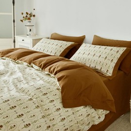 SUSYBAO Vintage Flower Duvet Cover Queen 100% Cotton Romantic Rose Floral Duvet Cover 3 Pieces Set 1 Brown Decor Hemmed Duvet Cover with Zipper Ties 2 Pillow Shams Soft Green Plant Print Bedding