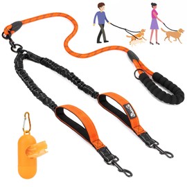 Lukovee Double Dog Leash, No Tangle 360° Swivel Heavy Duty Reflective Lead with Two Padded Handles Dual Dog Splitter, Comfortable Shock Absorbing Walking Training for Small Medium Large Dogs(Orange,M)