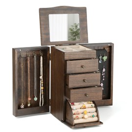 Meangood Jewelry Box Jewelry Organizer, 5-Layer Wooden Jewelry Organizers and Storage Boxes for Women Girls, Ring Earring Bracelet Necklace Holder Organizer with Mirror & Drawers (Walnut)