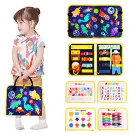 Busy Board 5 Layers, Activity Board Dinosaur Montessori Toy from 1 2 3 4 5 Years Gifts for Toddlers Girls Boys Self-Dressing Learning Counting Spelling Sort Colour Shapes