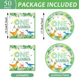 CHUNNIN 50PCS One A Saurus Birthday Party Paper Plates and Napkins Dinosaur First Birthday Decorations Dinosaur First Tableware Set Serves 25 Guests Boy Kids Dino Baby Shower Party Supplies