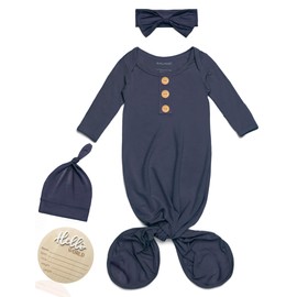 Baby Noah Newborn Knotted Gown, Ultra-Soft Silky Long Sleeve Sleeper, Unisex Coming Home Outfit Set With Wooden Name Sign, Dark Blue, Newborn