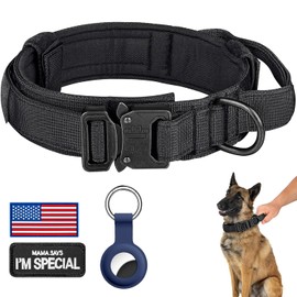 DAGANXI Collar táctico para perro, collar ajustable de nailon para entrenamiento militar con mango de control y hebilla de metal pesado para perros medianos y grandes, con parches y funda para Airtags (XXL, negro)