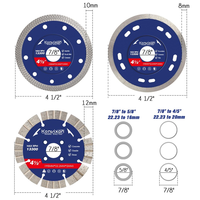 Konvixon 3PCS 4-1/2 Inch Diamond Cutting Blades for Angle Grinder,