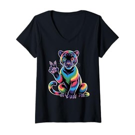 Womens Black Panther Tie Dye Frog Peace Sign Hippie Black Panther V-Neck T-Shirt