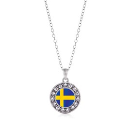 Inspired Silver - Sweden Flag - Silver Necklace for Women - Circle Pendant Chain Necklace Jewelry Gift with Cubic Zirconia - Women's Necklace Charm with Lobster Claw Clasp