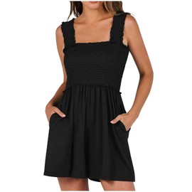 BUNSLOOM Jumpsuit Women's Summer Smocked One-Piece Square Neck Sleeveless Jumpsuit Flowy Beach Outfit with Pockets, black, XXL