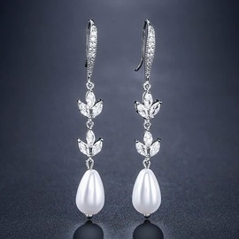 Roseeden Pearl Wedding Earrings for Brides, Bridesmaids, Bridal Pearl Cluster Earrings, Cubic Zirconia Pearl Drop Stud Earrigs for Women (Pearl Earring 06- Silver)