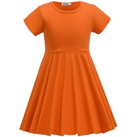 TriKalor Girls Dresses Short Sleeve Solid Color Skater Casual Twirly Dress with Pockets Orange 6-7 Years