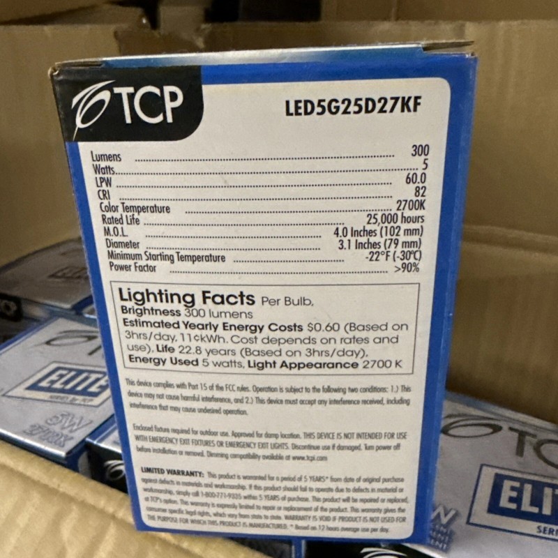 TCP Elite Series 5W 40W Replacement Light Bulb Dimmable LED5G25D27KF