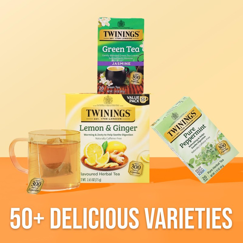 Twinings Lemon & Ginger Herbal Tea Individually Wrapped Bags, 50
