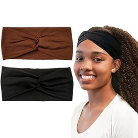 Hjiaruiky 2Pcs Turban Headbands for Women Boho Stretchy Fashion Headbands Fabric Twist Knotted Cloth Cute Thick Headband Head Wraps for Womens Girls Black (Brown+Black)