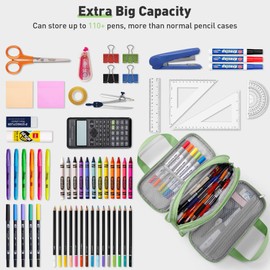Zannaki Large Pencil Case, Big Capacity Pencil Pouch Pen Bag with 3 Compartment, Portable Canvas Stationery Organizer with Zipper, Cute Aesthetic School Supplies for Teen Girls Boys College,Green