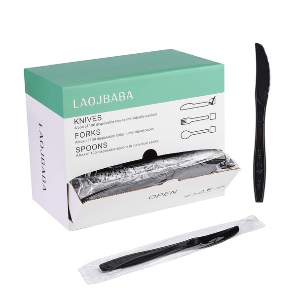 Laojbaba 使い捨て個別包装ナイフ ブラック 7インチ 業務用テイクアウェイナイフ 超硬個別包装ナイフ 100本