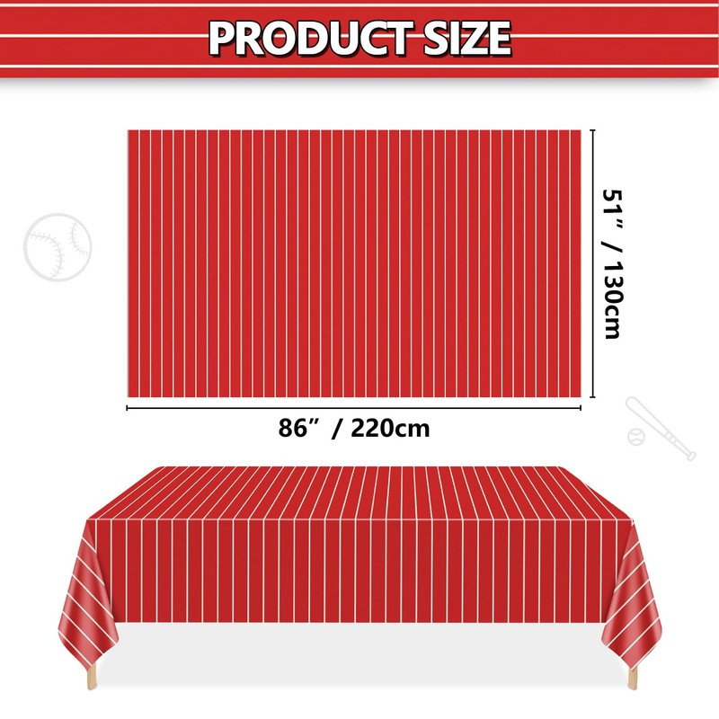 APUXXJUPA 4 Pcs Plastic Baseball Tablecloths, Rectangle Red Stripe Table