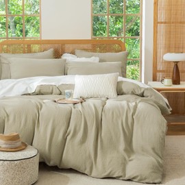 Jane yre Queen Size Duvet Cover Desert Sage Luxury Soft 100% Cotton Double-Layer Crinkle Sage Duvet Cover, 3 Pieces Bedding for All-Season, with Zipper Closure Luxury Soft Breathable Comfy