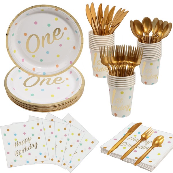 DYLIVeS 144 PCS 1st Birthday Party Supplies, Gold Foil First Birthday Decorations One Year Old Birthday Party Favors Tableware for Baby Shower, 1st Plates and Napkins Cups Cutlery Set, Serves 24