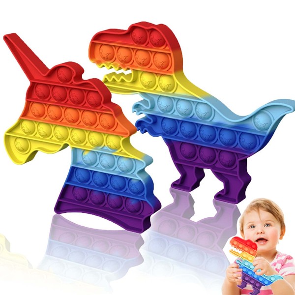 HOUT 2 Pack Sensory Pop Poppets Fidget-Toys - Unicorn and Dinosaur Stress Relief Toys | Bubble Rainbow ADD Special Needs Anxiety Toy for Kids