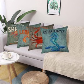 Fukeen Vintage Coastal Ocean Pillow Covers Set of 4 18x18 Inch Seahorse Fresh Catch Shrimp Bay Crabs Lobster Throw Pillow Cases Summer Beach Outdoor Decor Cushion Cover for Sofa Couch