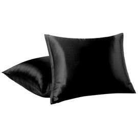 PiccoCasa Satin Pillow Cover, Cool Rayon, Touch Cooling Sensation, Pillow Case with Zipper, Set, Soft Like Silk, Double-sided Pillowcase, Solid, Odor Resistant, 2 Pieces, Black, 16.9 x 24.8 inches (43