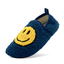 Smile Face Slippers Kids Girls Boys Happy Face Slippers Fuzzy Non-Slip Toddler Slide Slippers Plush Cute Warm Soft Socks Shoes for Little Big Kids Winter Indoor Outdoor(Shoes Blue Yellow,20/21)