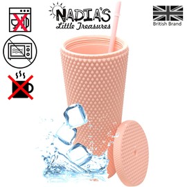 Nadia's Little Treasures Studded Tumbler Straw Lid - Plastic Double Walled Cold Cup for iced Coffee, Water, Slush or Smoothies, Your Home Cinema Cup (Matte Coral 24OZ / 700ml)