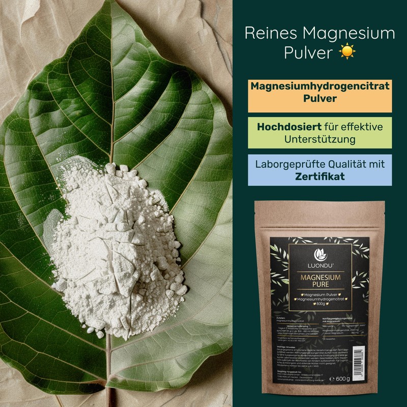 Magnesium Pure Pulver 4500mg Magnesiumhydrogencitrat Pulver 360mg elementares Magnesium -