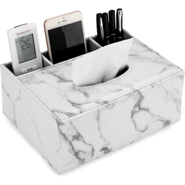 Multi-functional PU Tissue Case, Marble Pattern, Remote Control Rack, Small Items, Divided Design, Multi-functional Tabletop Storage Case, Tissue Box, Remote Control Case, Pen Holder, Stylish, Marble (White)