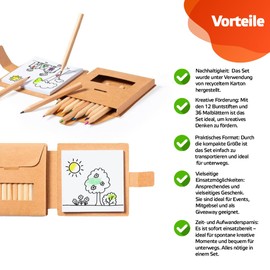 WPRO 4 x Kids 2-in-1 Colouring Set with 12 Wooden Colouring Pencils and 36 Colouring Sheets, Colouring Template, Mini Colouring Pens, Gift, Party Bag, Children's Birthday, Boys and Girls, Recycled