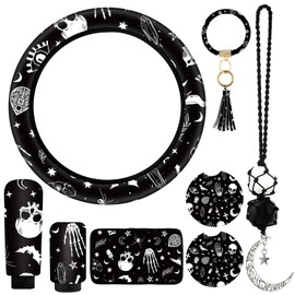 Datanly 10 Pieces Moon Stars Printed Car Accessories Set Goth Steering Wheel Cover Witchy Car Pennant Hanging Ornaments, Foot Armrest Pads, Cup Holders, Handbrake Gear Shift Cover for Car Truck SUV