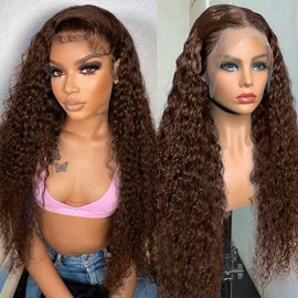CHEETAHBEAUTY #4 Chocolate Brown Deep Wave 13X6 HD Transparent Lace Front Wigs Brazilian 10A Grade Deep Curly Human Hair Wigs for Black Women Pre Plucked with Baby Hair 250% Density(20inch)