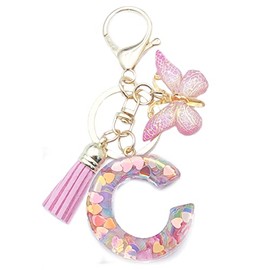 Xsclpomddy Girls Alphabet Letter Key Ring Cute Key Ring Glitter with Butterfly Tassels Resin Pink Keychain for Bag Charm, c