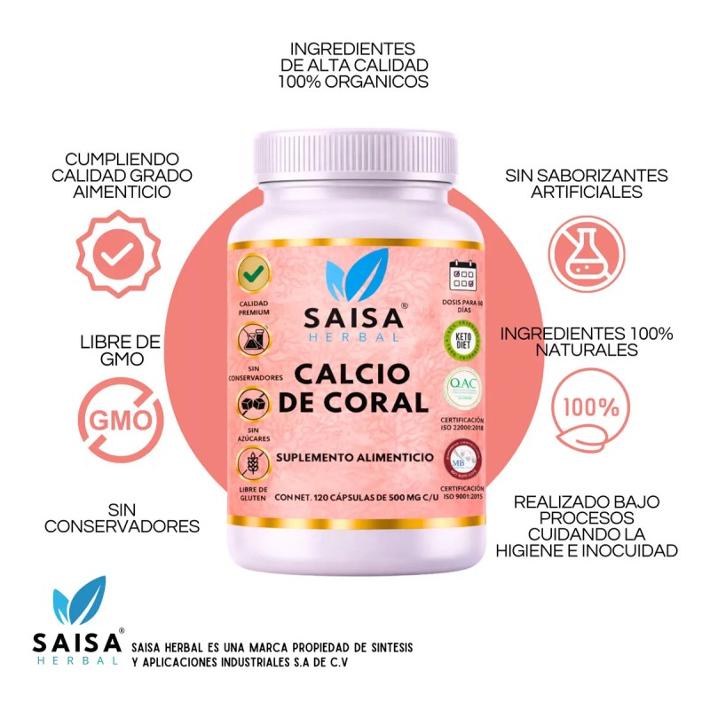 Calcio Coral 100 Puro 120 Cápsulas Salud Ósea Dientes Fuertes