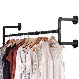 WEBI Clothing Rack Wall Mount,42'' Industrial Pipe Clothes Rack for Hanging Clothes,Heavy Duty Iron Garment Rack Bar,Retail Display Clothes Rod for Closet,Laundry Room,4 Base,Black