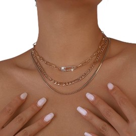 Chargances Dainty Rhinestone Paperclip Safety Pin Pendant Choker Layered Crystal Snoke Bone Chain Necklace Fashion Adjustable Paperclip Chian Neckalce for Women Girls Gift Party (Gold)