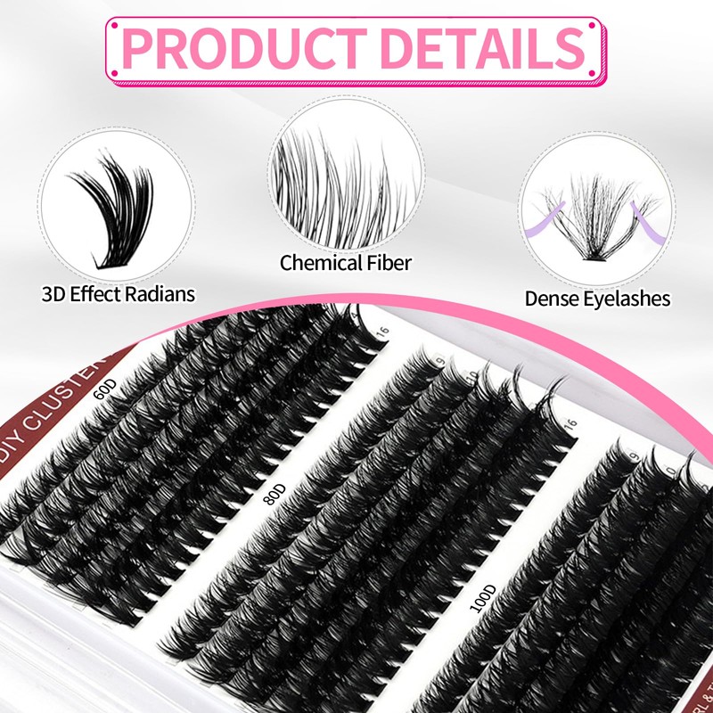 320Pcs Soft Natural Cluster Lashes Kit, 60D+80D+100D DIY Extension Kit,