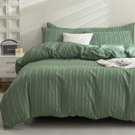 JELLYMONI Green Duvet Cover King Size - 3PCS Microfiber , Boho Striped Tufted Textured Duvet Cover with Corner Ties & Zipper Closure
