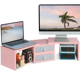 TEAMIX Pink Dual Monitor Stand Riser with 2 Drawers - Length and Angle Adjustable Double Corner Desk Shelf Organizer 37 inch for 2 Laptop/PC/Screen/TV (2 Drawers - 8''H)