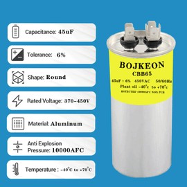 45uF +6% MFD 450VAC Run Start Round A/C Capacitor CBB65 CBB65B Air Conditioner Capacitors for AC Unit Fan Motor Start or Heat Pump or Condenser Straight Cool