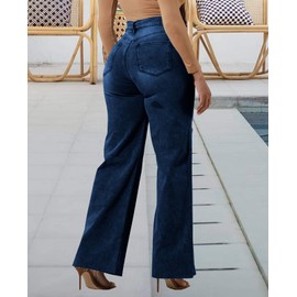 Navy Blue High Waisted Jeans for Women Stretchy Ripped Distressed Classic Button Wide Leg Denim Pants