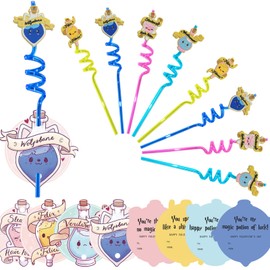 Harry Valentines Day Cards with Magic Potion Theme Drinking Straws for Classroom Exchange Gifts, 24 Loop Drinking Straws Harry Valentines Gifts Cards for Classroom Prizes