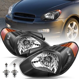 TUSDAR Headlight Assembly Replacement for 2007-2011 Hyundai Accent Driver and Passenger Side (Black Housing with Amber Reflector) w/Bulbs