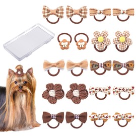 20pcs Dog Hair Bows, Brown Dog Bows for Small Size Dog Cute Bows for Dogs Flower Pet Puppy Bows Elastic Dog Hair Ties Puppy Hair Bows Accessories for Teddy Dogs Yorkies