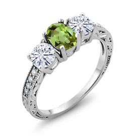 Gem Stone King 2.02 Cttw 925 Sterling Silver Peridot Moissanite 3-Stone Engagement Ring | Three Stone Wedding Engagement Anniversary Promise Ring For Women | Size 5,6,7,8,9