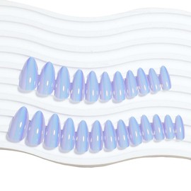 Blue Chrome Press on Nails Medium Almond Fake Nails with Aurora Design Acrylic False Nails Artificial Glue on Nails Full Cover Stick on Nails for Women Girls Manicure Decoration 24Pcs
